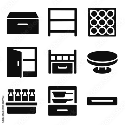 Storage Icons Grid. Solid, filled icons set of storage solutions: deep drawer, open shelf, wine rack, hidden