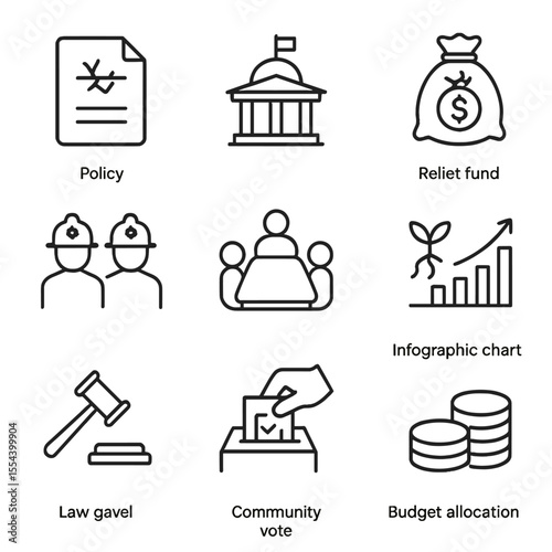 Drought Policy Icons Set. Outline icon set of drought-responsive policy and planning: policy document, government building, relief