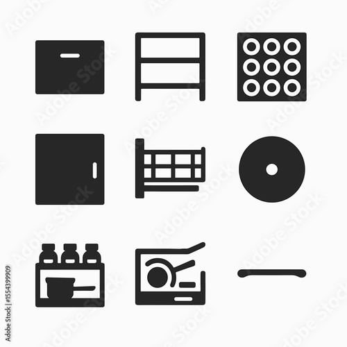 Storage Icons Grid. Solid, filled icons set of storage solutions: deep drawer, open shelf, wine rack, hidden