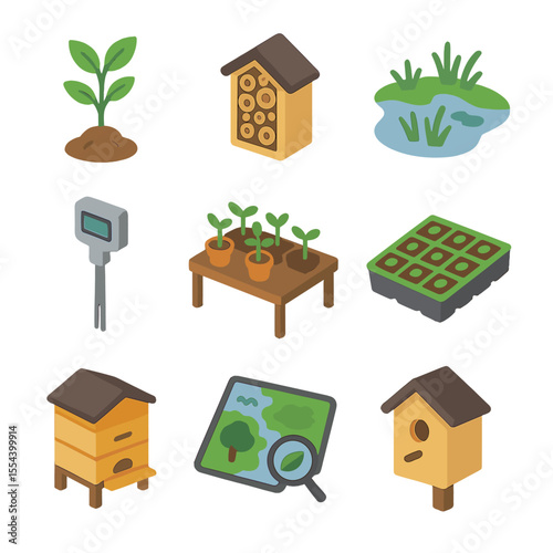 Biodiversity Icon Grid. Isometric Flat icon set of biodiversity and ecosystem restoration: native tree sapling, pollinator habitat