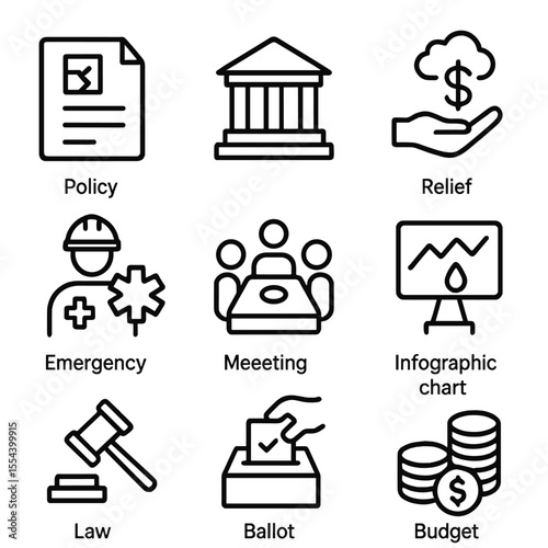 Drought Policy Icons Set. Outline icon set of drought-responsive policy and planning: policy document, government building, relief