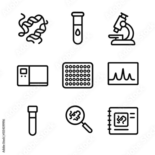 Biomarker Discovery Icons. Outline icon set of biomarker discovery: protein structure, biomarker test tube, lab microscope, mass