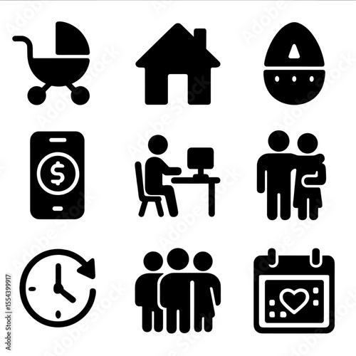 Stay-At-Home Icon Set. Solid, filled icons set of stay-at-home transition support: baby stroller, house icon,