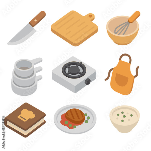 Culinary Arts Icons. Isometric Flat icon set of Culinary Arts and Cooking Classes: chef knife, cutting board, mixing bowl, whisk,