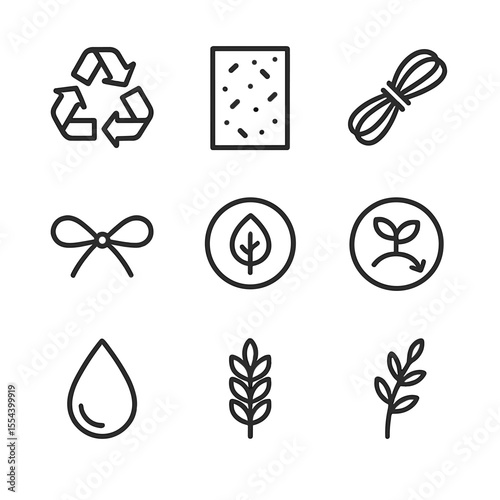 Eco Packaging Icons. Outline icon set of eco packaging accents: recycled symbol, kraft paper texture, jute string, twine bow, eco