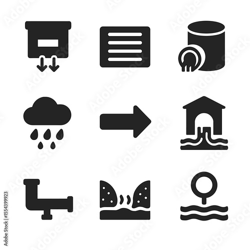 Stormwater Drainage Icons. Solid, filled icons set of stormwater drainage system: catch basin, inlet grate,