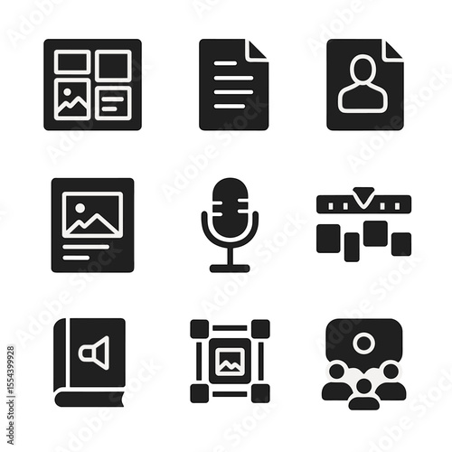 Storytelling Icons Grid. Solid, filled icons set of storytelling and campaign creation: storyboard panel,