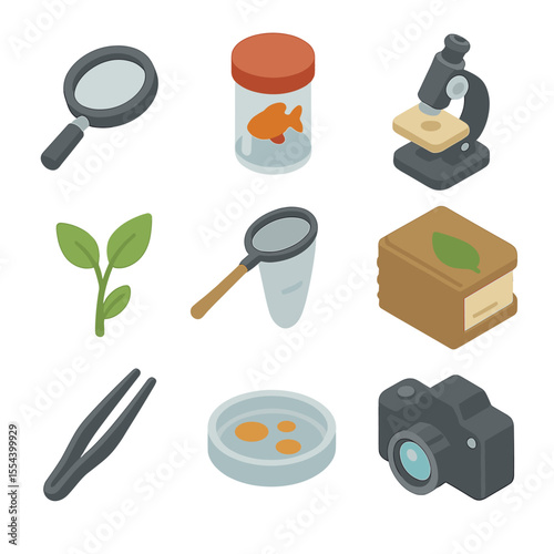 Biology Study Tools Icons. Isometric Flat icon set of biology field study tools: magnifying glass, specimen jar, microscope, plant