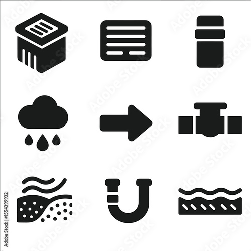Stormwater Drainage Icons. Solid, filled icons set of stormwater drainage system: catch basin, inlet grate,