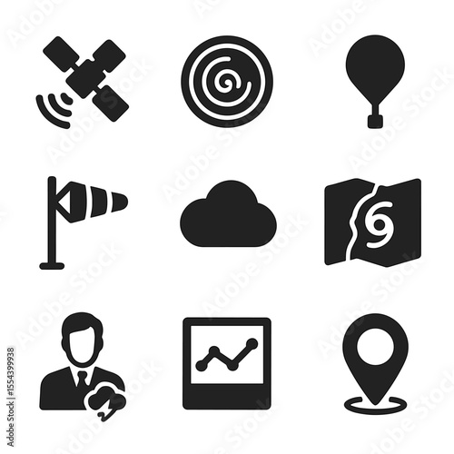 Storm Monitoring Icons. Solid, filled icons set of storm tracking tools: satellite view, Doppler radar,