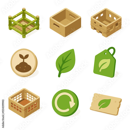 Biodegradable Crate Icons. Isometric Flat icon set of biodegradable produce crates: bamboo crate, recycled cardboard crate, jute