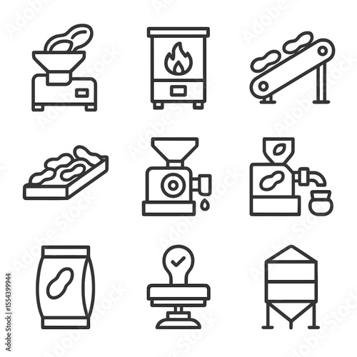 Earthnut Processing Icons. Outline icon set of Earthnut processing plant: sheller machine, roasting oven, conveyor belt, sorting