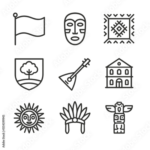 Cultural Icon Collection. Outline icon set of cultural identity and heritage: national flag, ancestral mask, traditional textile