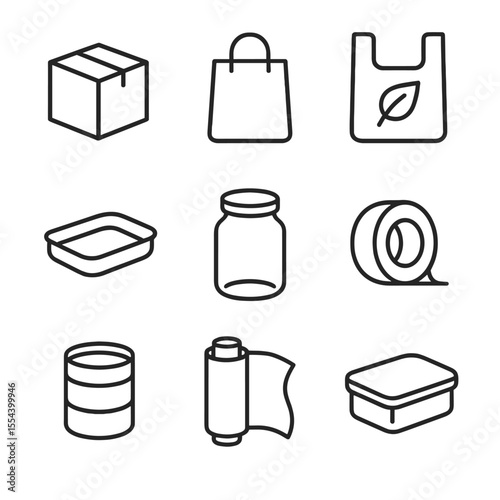 Eco Packaging Icons. Outline icon set of eco-friendly packaging options: cardboard box, kraft paper bag, biodegradable plastic bag