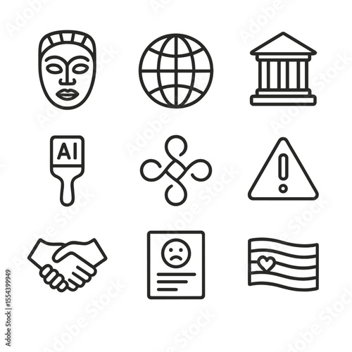 Cultural Appropriation Icons. Outline icon set of cultural appropriation in AI art: traditional mask, globe, museum icon, AI brush