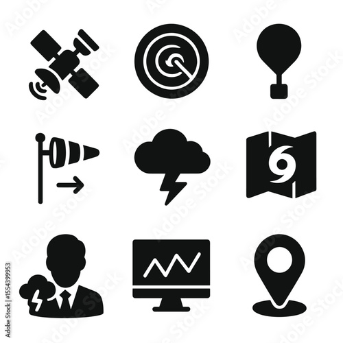 Storm Monitoring Icons. Solid, filled icons set of storm tracking tools: satellite view, Doppler radar,