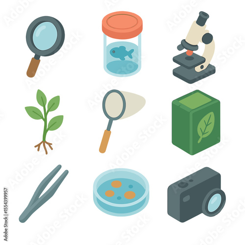 Biology Study Tools Icons. Isometric Flat icon set of biology field study tools: magnifying glass, specimen jar, microscope, plant