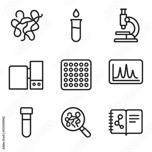Biomarker Discovery Icons. Outline icon set of biomarker discovery: protein structure, biomarker test tube, lab microscope, mass