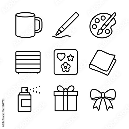 Custom Mug Icons. Outline icon set of Custom Coffee Mugs: blank ceramic mug, porcelain paint pen, paint palette, oven rack,