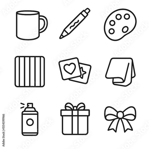 Custom Mug Icons. Outline icon set of Custom Coffee Mugs: blank ceramic mug, porcelain paint pen, paint palette, oven rack,