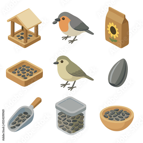 Bird Feeding Icons. Isometric Flat icon set of bird feeding with sunflower seeds: bird feeder, bird eating seed, seed bag, feeding