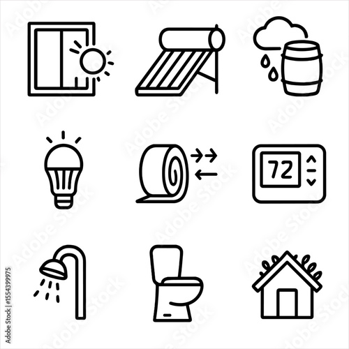 Eco-Friendly Home Icons. Outline icon set of eco-friendly home features: energy-efficient window, solar water heater, rain barrel,