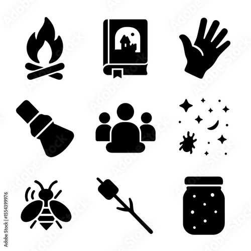 Storytelling Night Icons. Solid, filled icons set of storytelling under the stars: campfire icon, tale book,