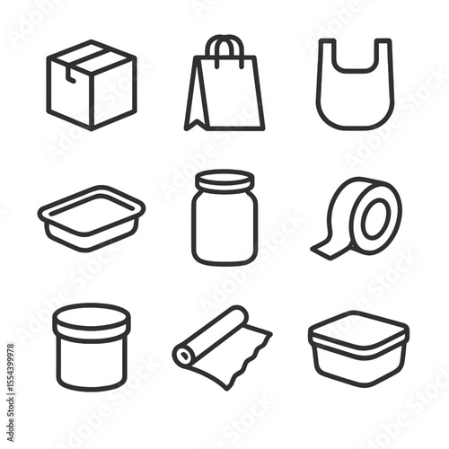 Eco Packaging Icons. Outline icon set of eco-friendly packaging options: cardboard box, kraft paper bag, biodegradable plastic bag