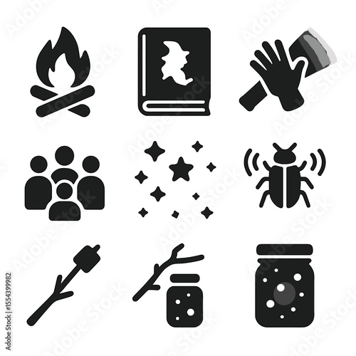 Storytelling Night Icons. Solid, filled icons set of storytelling under the stars: campfire icon, tale book,