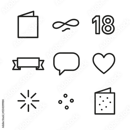 Birthday Icon Set. Outline icon set of birthday card greetings: happy birthday text, best wishes phrase, age numeral, cursive