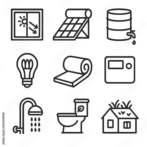 Eco-Friendly Home Icons. Outline icon set of eco-friendly home features: energy-efficient window, solar water heater, rain barrel,