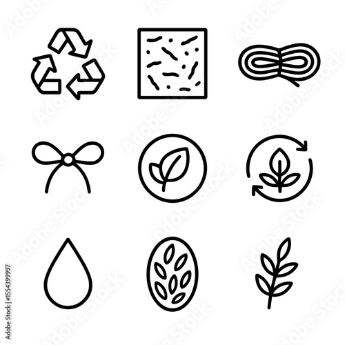 Eco Packaging Icons. Outline icon set of eco packaging accents: recycled symbol, kraft paper texture, jute string, twine bow, eco