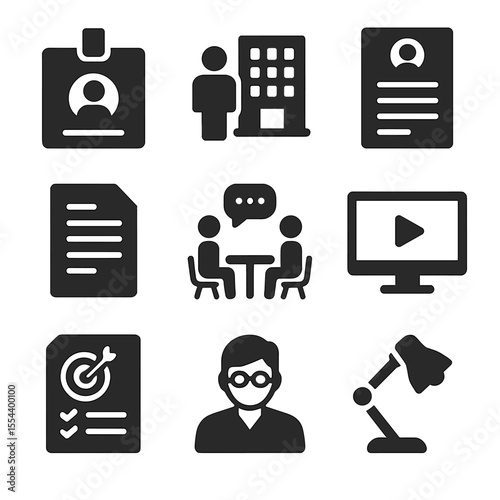 Student Career Icons. Solid, filled icons set of student career prep: internship badge, company visit, resume