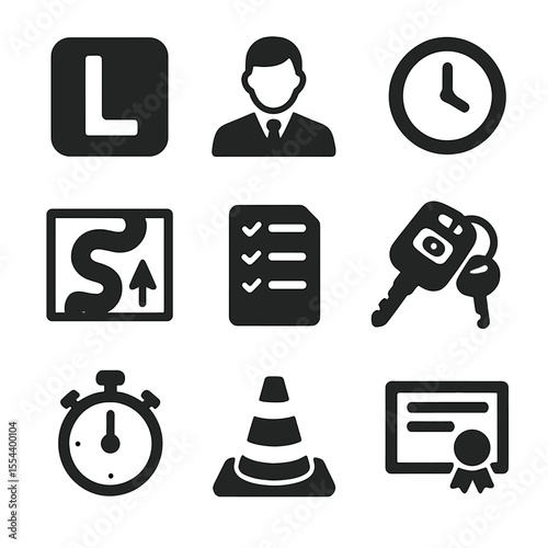 Student Driving Icons. Solid, filled icons set of student driving lesson planner: learner badge, instructor
