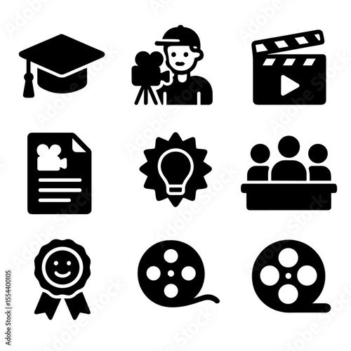 Student Film Festival Icons. Solid, filled icons set of youth and student film festivals: student hat, young