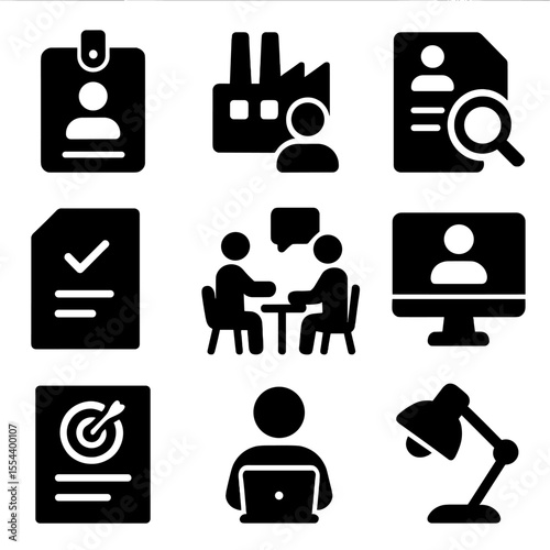 Student Career Icons. Solid, filled icons set of student career prep: internship badge, company visit, resume
