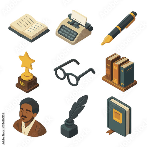 Black Literature Icons. Isometric Flat icon set of Black Literature and Authors: open book, typewriter, pen, literary award,