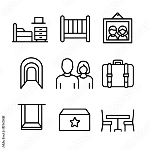 Empty Nest Icons. Outline icon set of empty nest experience: child’s room empty, crib removed, photograph of children, echoing