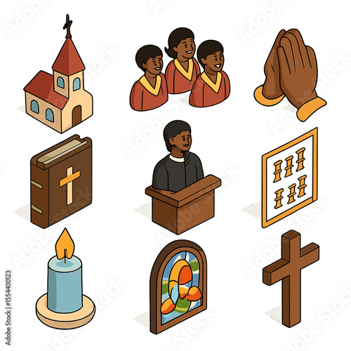 Black Spiritual Icons. Isometric Flat icon set of Black Spirituality and Religion: church steeple, gospel choir, prayer hands,