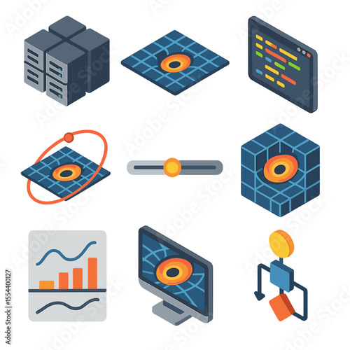 Black Hole Simulation Icons. Isometric Flat icon set of black hole simulation and modeling: computer cluster, simulation grid,