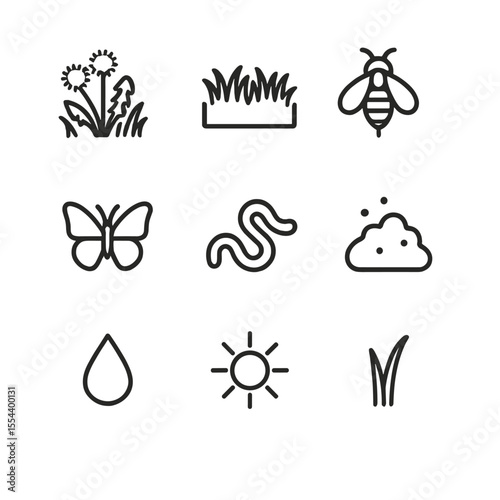 Dandelion Habitat Icons. Outline icon set of dandelion habitat and ecology: meadow patch, lawn patch, bee pollinator, butterfly,