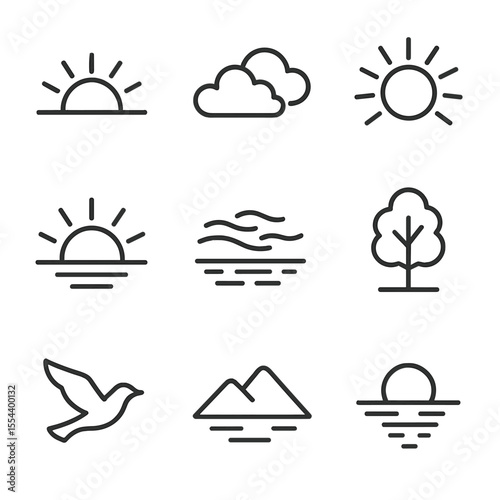 Dawn Landscape Icons. Outline icon set of dawn landscape elements: rising sun, horizon line, morning clouds, sun rays, misty field