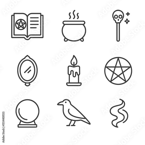 Dark Magic Icons. Outline icon set of Dark Magic Rituals: spell book, cauldron, magic wand with skull, enchanted mirror, black