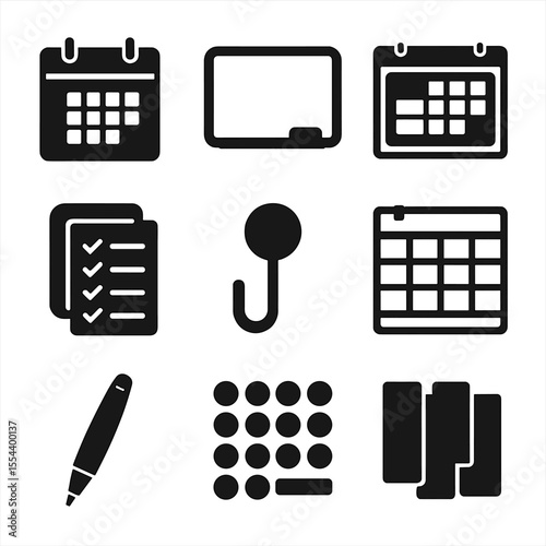 Student Planner Icons. Solid, filled icons set of student dorm and desk calendars: monthly tear-off pad, mini