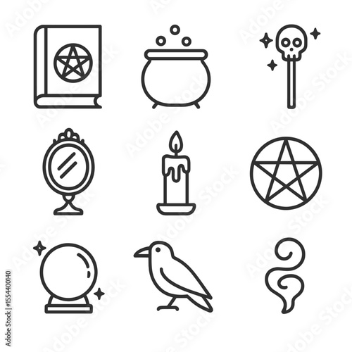 Dark Magic Icons. Outline icon set of Dark Magic Rituals: spell book, cauldron, magic wand with skull, enchanted mirror, black