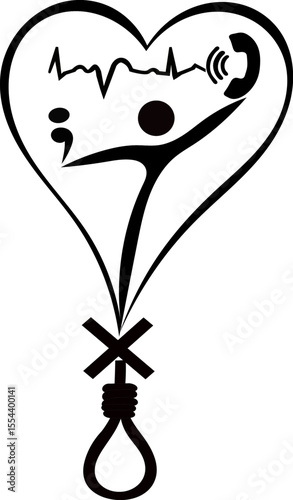 vector drawing of suicide prevention awareness with a human in a heart holding a depression symbol in one hand and a phone in the other with a heart beat rhythm above and a hangman rope below