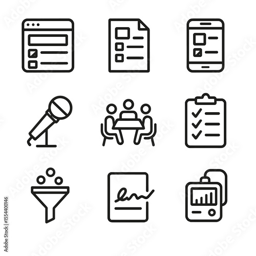 Data Collection Icons. Outline icon set of Data Collection and Survey Methods: online form, paper questionnaire, mobile survey