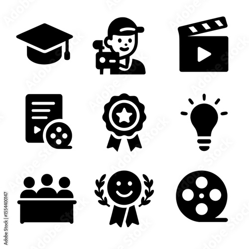 Student Film Festival Icons. Solid, filled icons set of youth and student film festivals: student hat, young