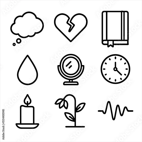 Emotional Introspection Icons. Outline icon set of emotional introspection: thought bubble, heart with cracks, diary, mirror,