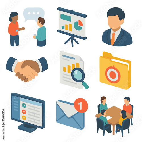 Deal Sourcing Icons. Isometric Flat icon set of deal sourcing: networking event, pitch deck, investment banker avatar, handshake,